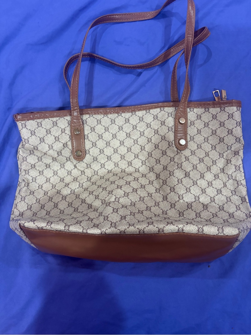 SHEIN Beige Patterned Canvas Tote with Brown Trim 14 inches handmade